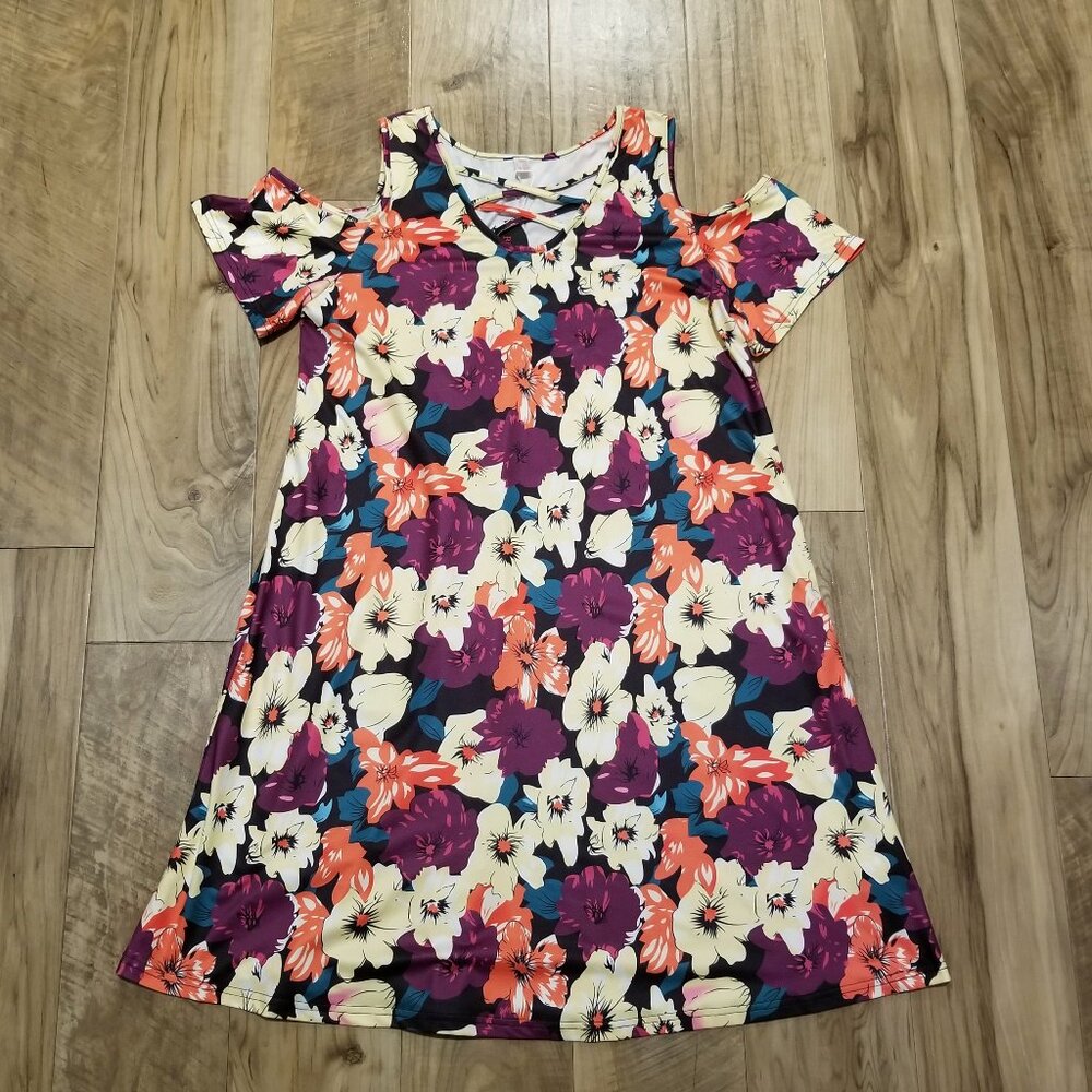 New Bluetime A Line Cold Shoulder Dress Womens L Jersey Knit Floral Tropical
